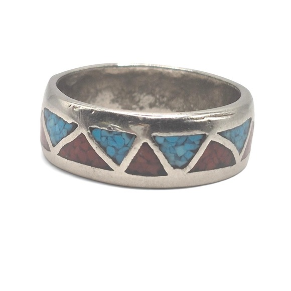 Jewelry - Vintage Southwestern Sterling Silver Ring, Turquoise & Coral Inlay, Size 7.5